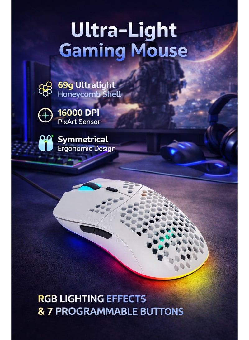 A-jazz AJAZZ AJ390 Ultra-Light Gaming Mouse, 16000 DPI RGB Honeycomb Wired Mouse, 69g Lightweight, PAW3338 Sensor, 7 Programmable Buttons - Image 1